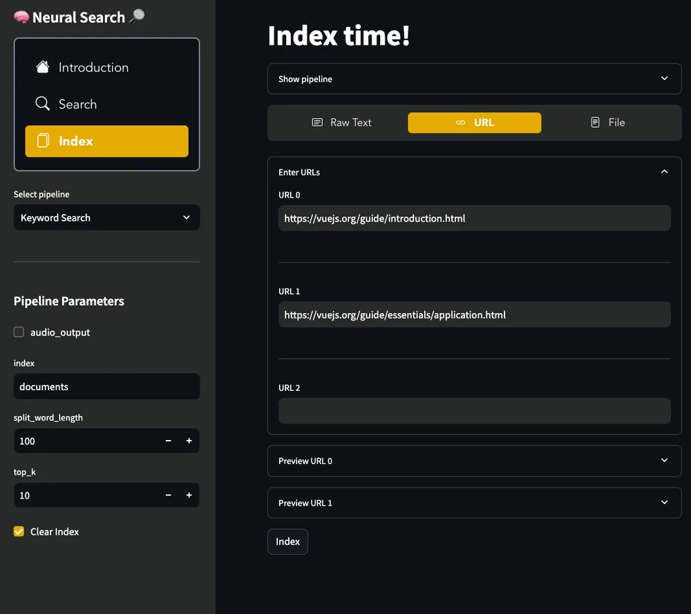 Neural Search — indexing interface