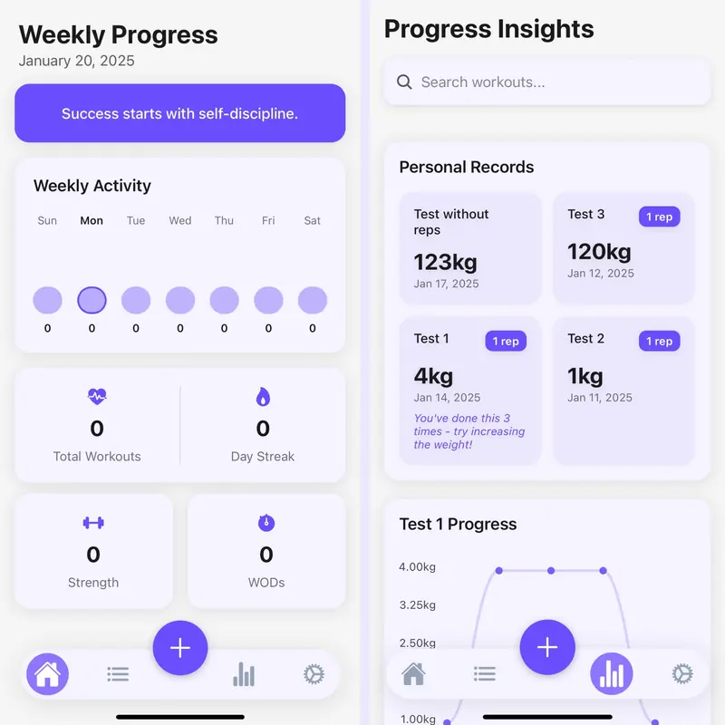 Marca Tu Ritmo: weekly progress and personal-record screens of the workout app.